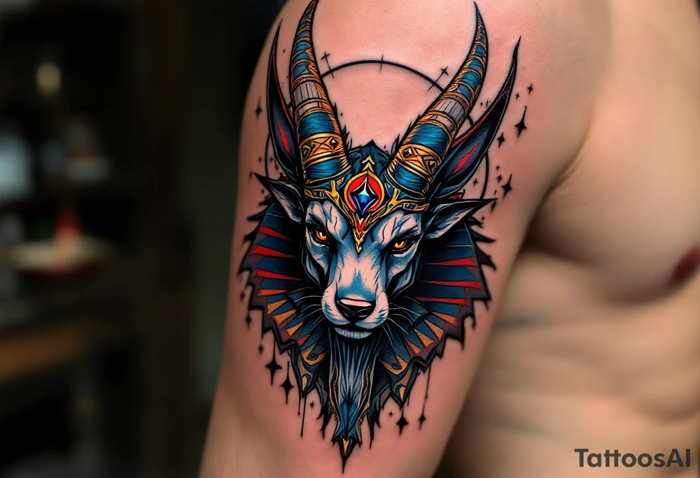 An Anubis with a Halo - Blending Egyptian mythology with Christian spirituality (only red , blue and black are possible colors) tattoo idea