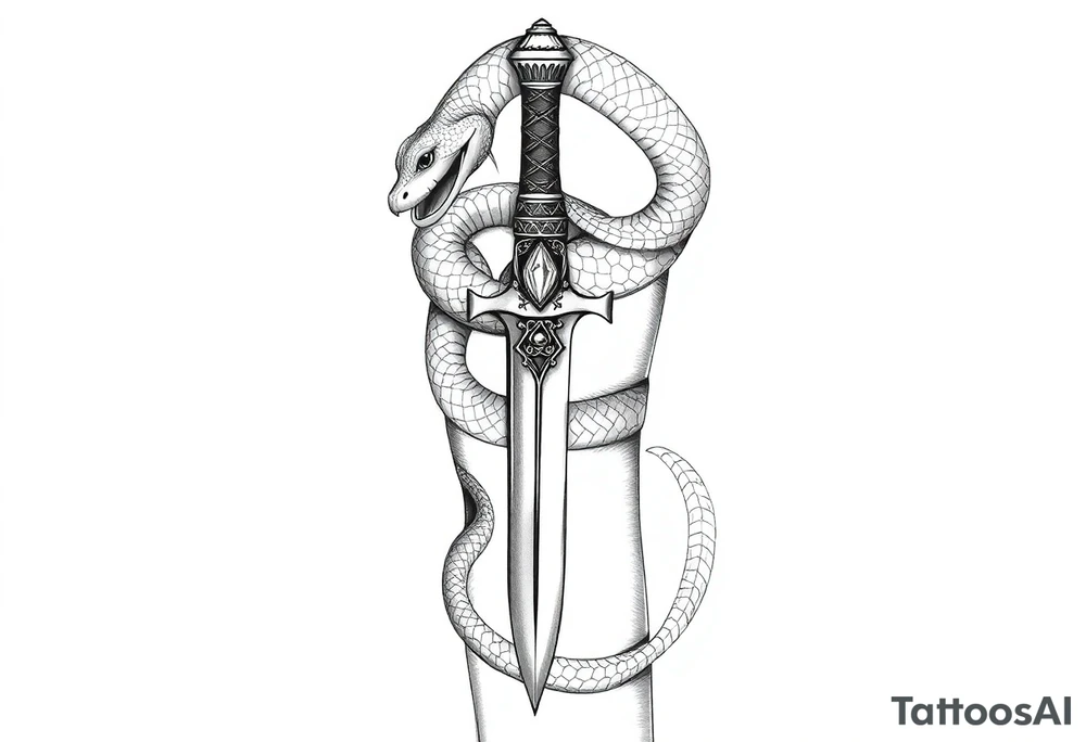 mystical snake coiled around an ancient dagger with jeweled hilt tattoo idea