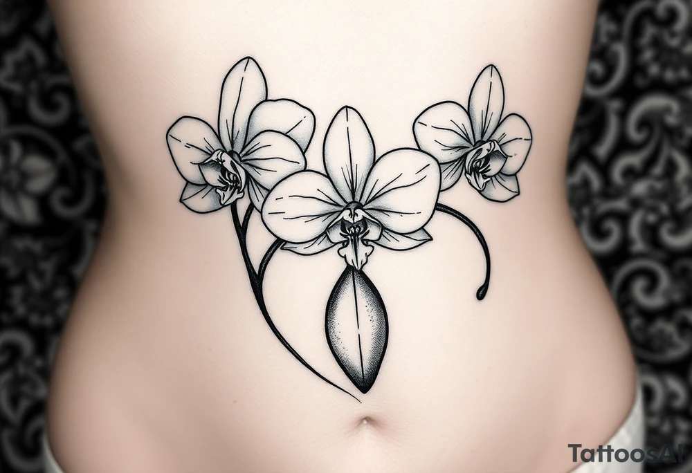 3 delicate orchids realistic with a mix with vagina tattoo idea
