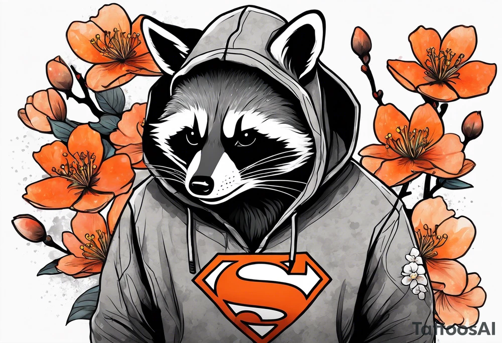 raccoon wearing a black and white Superman hoodie and orange Japanese cherry blossoms tattoo idea