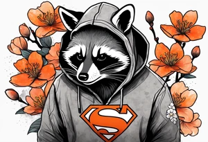 raccoon wearing a black and white Superman hoodie and orange Japanese cherry blossoms tattoo idea