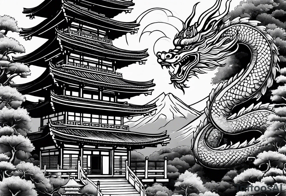 Japanese pagoda guarded by a japanese dragon, black and white colours tattoo idea