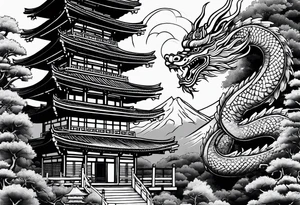 Japanese pagoda guarded by a japanese dragon, black and white colours tattoo idea