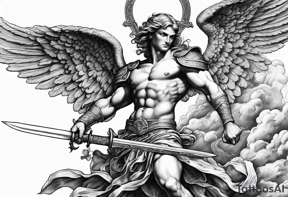 Arm sleeve of St Michael plunging a sword into the devil which is laying on the stairway to heaven. tattoo idea