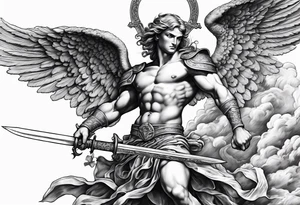 Arm sleeve of St Michael plunging a sword into the devil which is laying on the stairway to heaven. tattoo idea