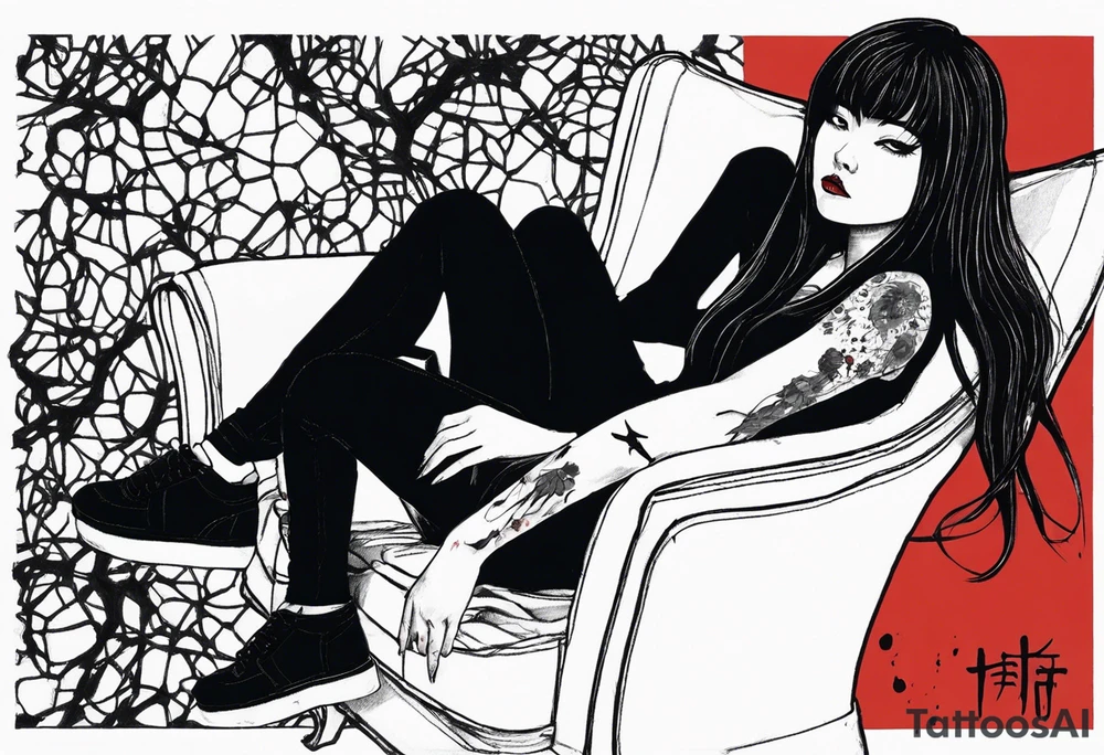 Portrait of tomie sitting on a chair. Tomie is a character of the autor junji ito
 Add some blood marks around. More blood splating around her tattoo idea