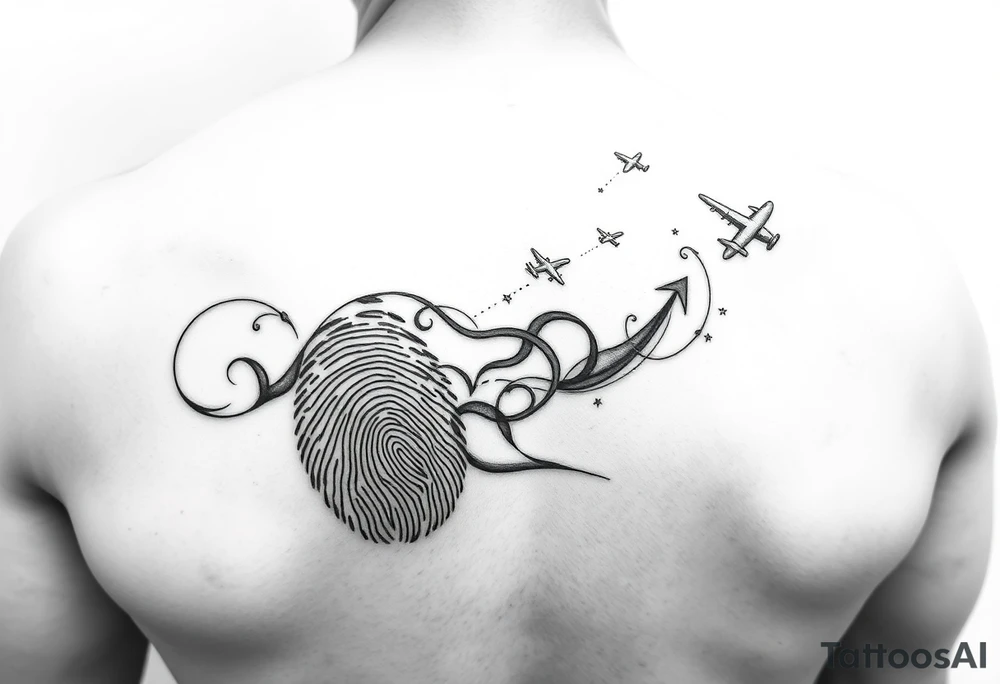 Memorial tattoo using line drawing style in black with shading. The design should flow up from his signature on the bottom, shading into fingerprints and the melting into small planes flying away to the top right. This will go on the left shoulder. tattoo idea