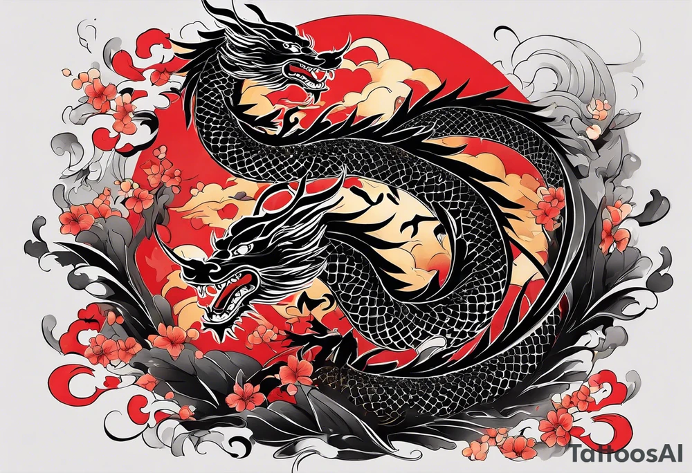 Nakama, painted in traditional Japanese calligraphy style, with Japanes dragon intertwined, flying through the empty spaces of the paint strokes tattoo idea