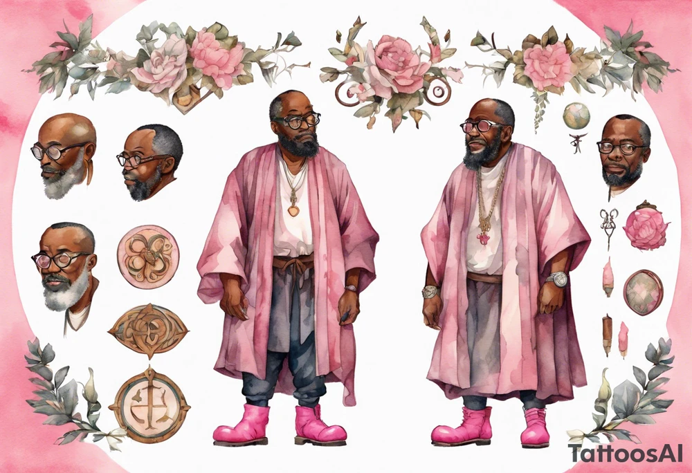 a middle-aged medieval black man wearing round glasses, wearing tunic, wearing pink boots tattoo idea