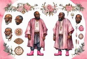 a middle-aged medieval black man wearing round glasses, wearing tunic, wearing pink boots tattoo idea