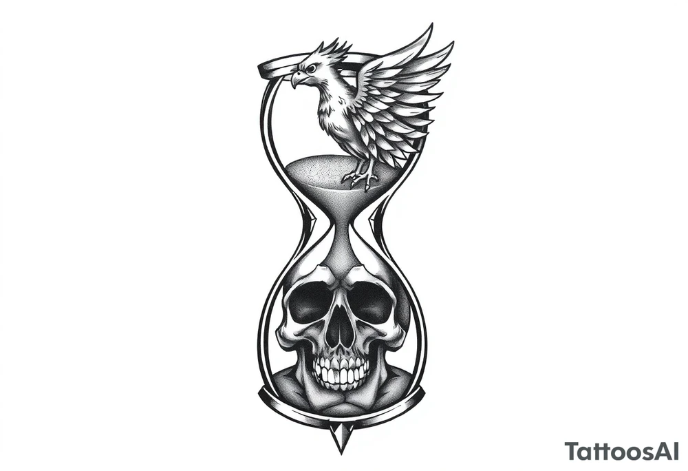 A cracked hourglass with the sands forming a skull below and a phoenix rising from the top. tattoo idea