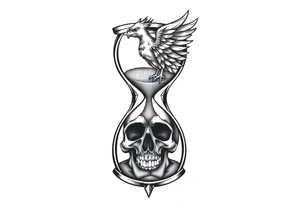A cracked hourglass with the sands forming a skull below and a phoenix rising from the top. tattoo idea
