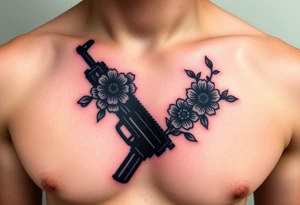 ak 47 black silhouette with floreal details tattoo idea