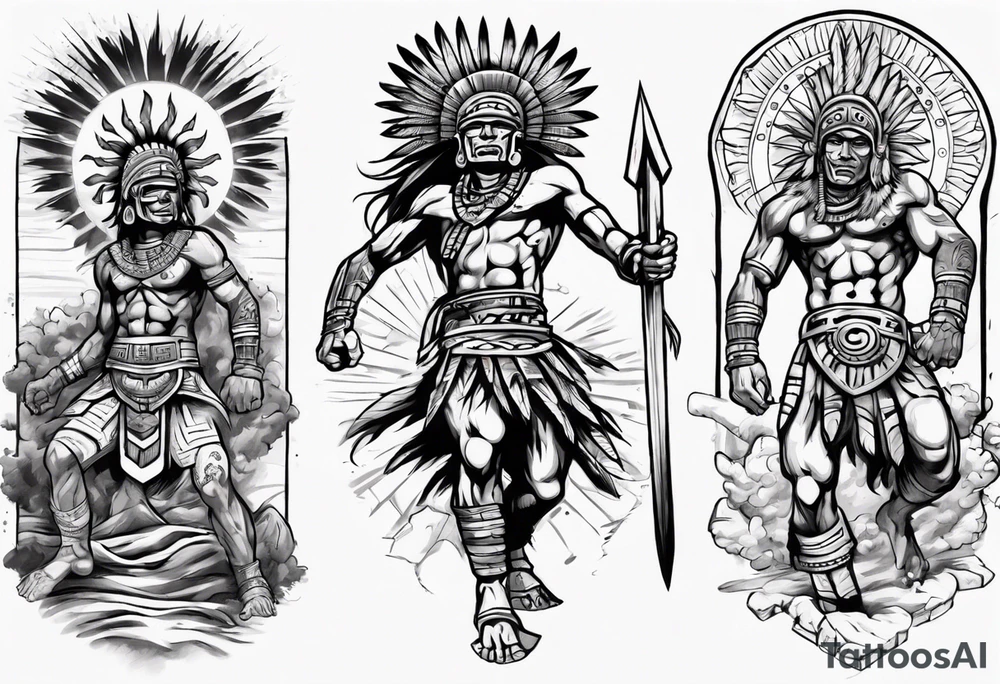 aztec warrior fighting against the gods as the sunrise from the ground tattoo idea