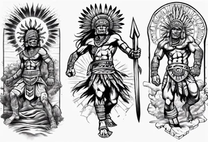 aztec warrior fighting against the gods as the sunrise from the ground tattoo idea