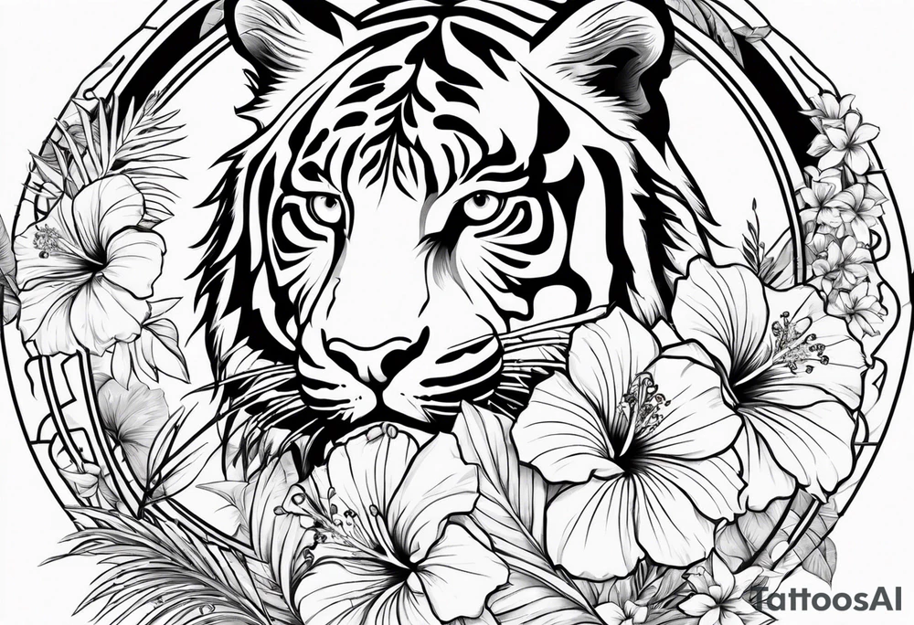 Hibiscus is very tropical with palm trees, tiger, surrounded with flowers tattoo idea