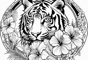 Hibiscus is very tropical with palm trees, tiger, surrounded with flowers tattoo idea