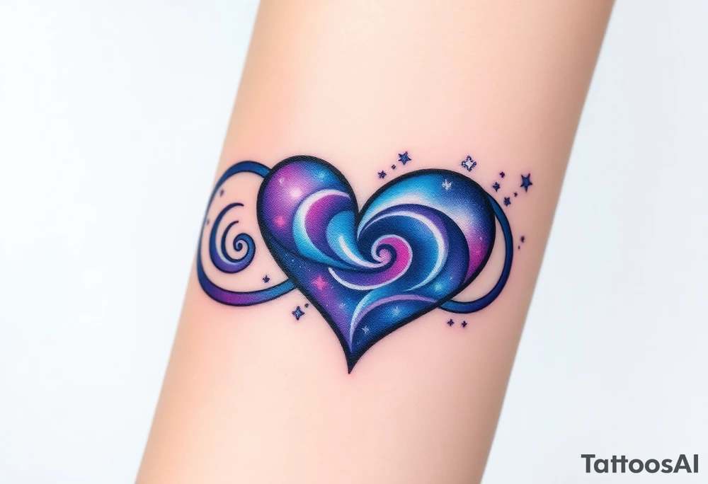 An infinity symbol with a heart made of swirling galaxy patterns, featuring deep blues, purples, and subtle stardust, symbolizing cosmic love tattoo idea