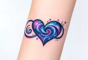 An infinity symbol with a heart made of swirling galaxy patterns, featuring deep blues, purples, and subtle stardust, symbolizing cosmic love tattoo idea