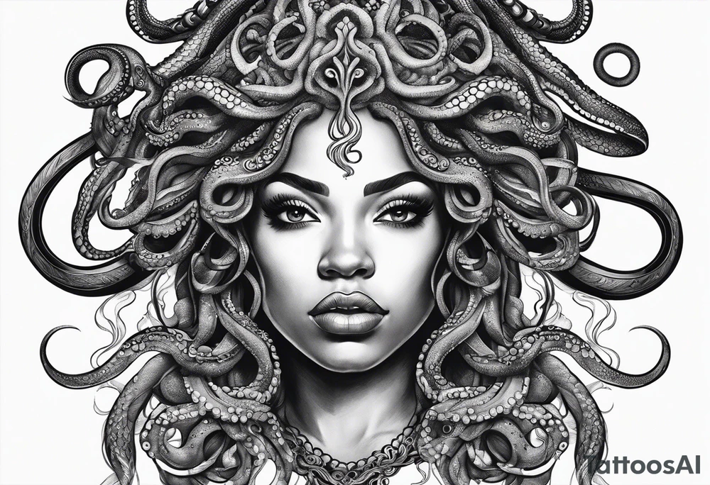 Black woman Medusa tattoo with a beautiful face only showing from the nose up. Octopus tentacles for hair tattoo idea