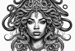 Black woman Medusa tattoo with a beautiful face only showing from the nose up. Octopus tentacles for hair tattoo idea