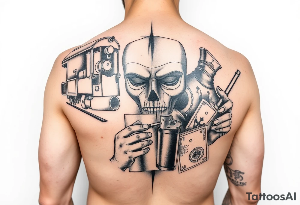 Full arm sleave tattoo Casino, train, mask, whiskey, ciggerette, lighter, money tattoo idea