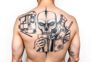 Full arm sleave tattoo Casino, train, mask, whiskey, ciggerette, lighter, money tattoo idea