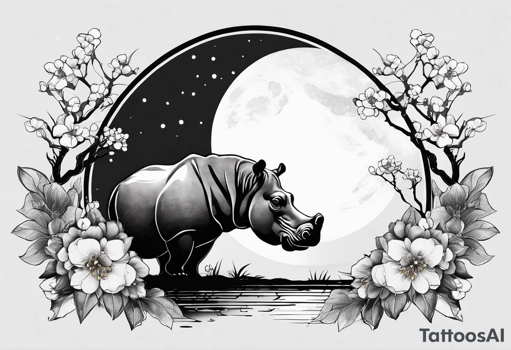 Asymmetrical, geometric, chinese ink art touch, hippo , full moon, wintersweet flower, light , modify from my favourite tattoo idea