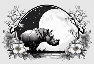 Asymmetrical, geometric, chinese ink art touch, hippo , full moon, wintersweet flower, light , modify from my favourite tattoo idea