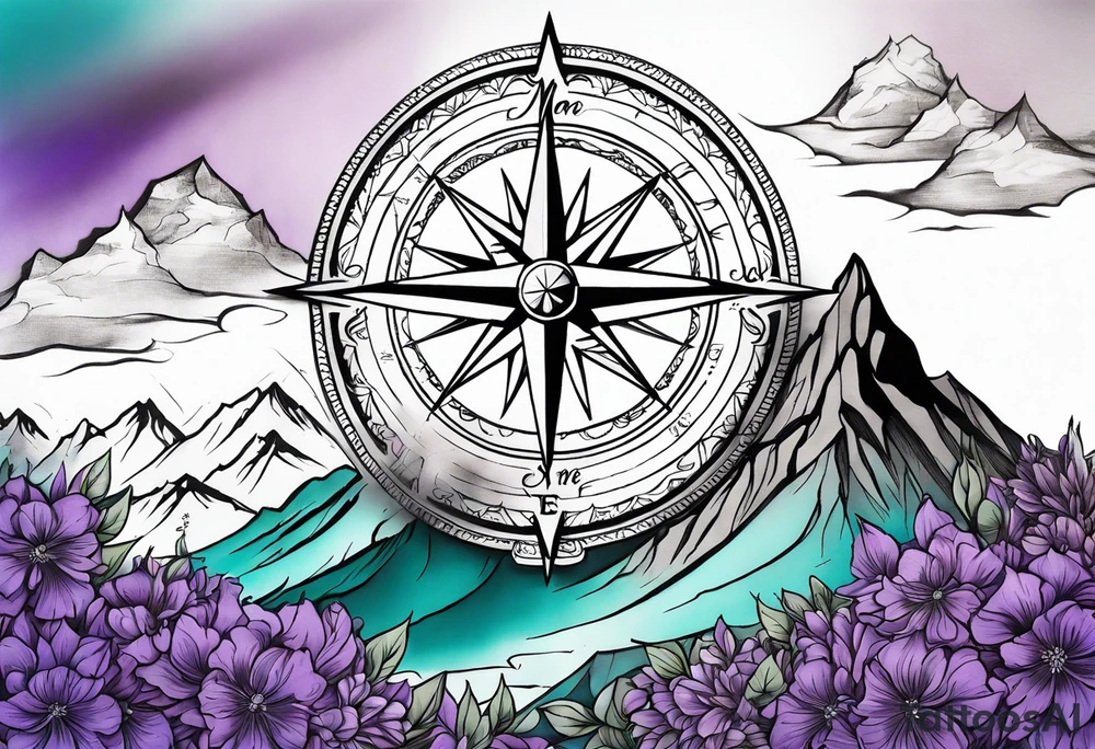 Compass rose rising like a sunrise behind a mountain. In front of the mountain, there are teal and purple flowers. Tattoo is half sleeve on the shoulder tattoo idea