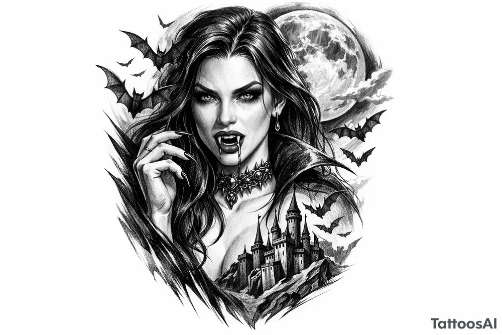 female vampire,bats,moon. tattoo idea