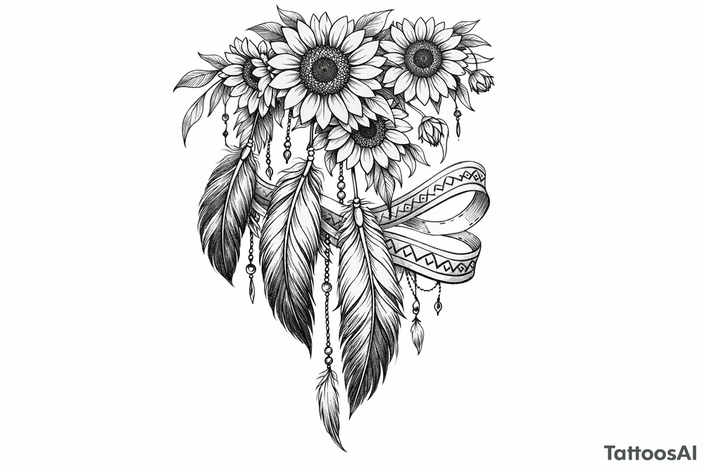 Cascading Sunflowers on top of Indian feathers and Indian ribbon tattoo idea