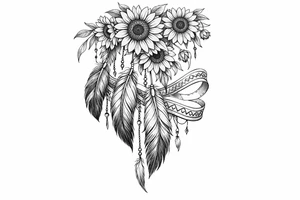 Cascading Sunflowers on top of Indian feathers and Indian ribbon tattoo idea