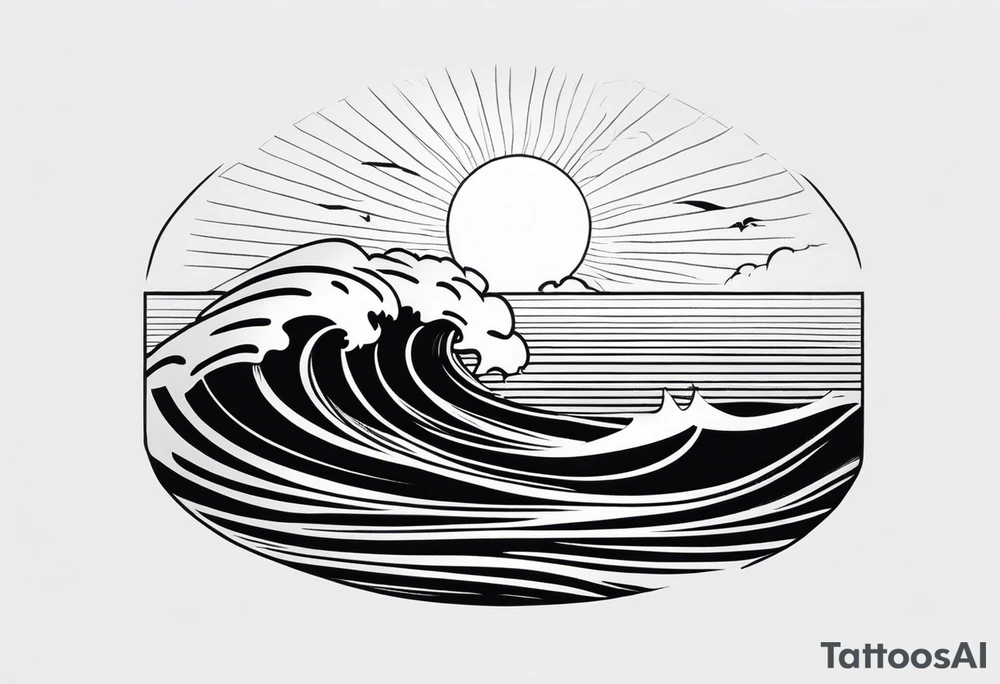 Hawaian beach with a big sun and many waves, only black and white tattoo idea
