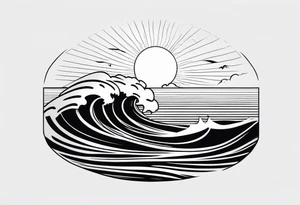 Hawaian beach with a big sun and many waves, only black and white tattoo idea