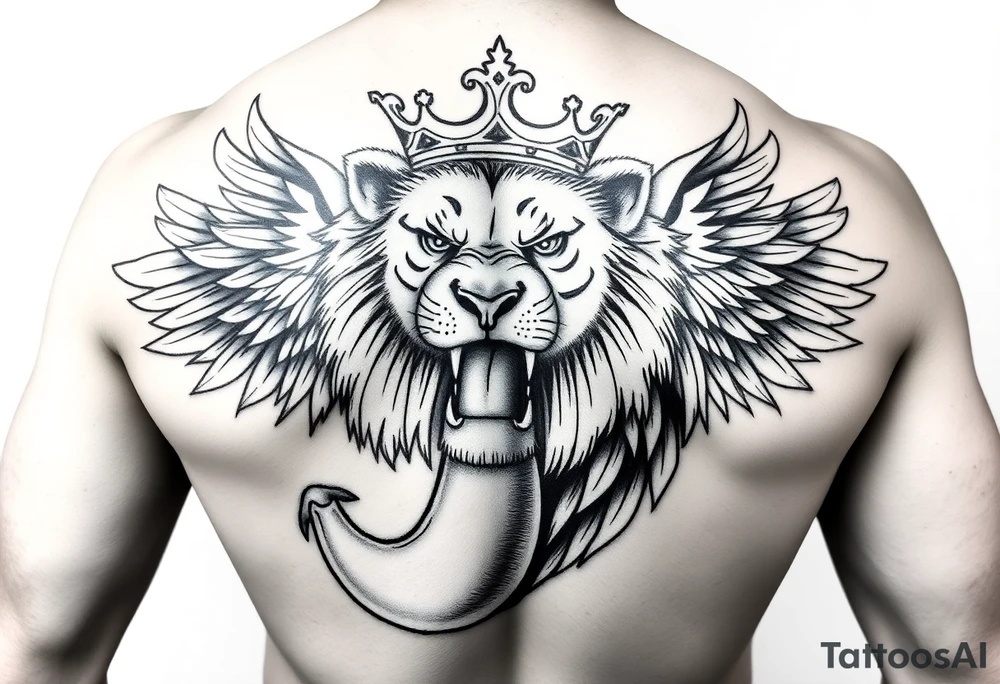 powerful majestic lion with a crown, surrounded by a big penis with wings tattoo idea