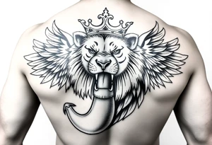 powerful majestic lion with a crown, surrounded by a big penis with wings tattoo idea