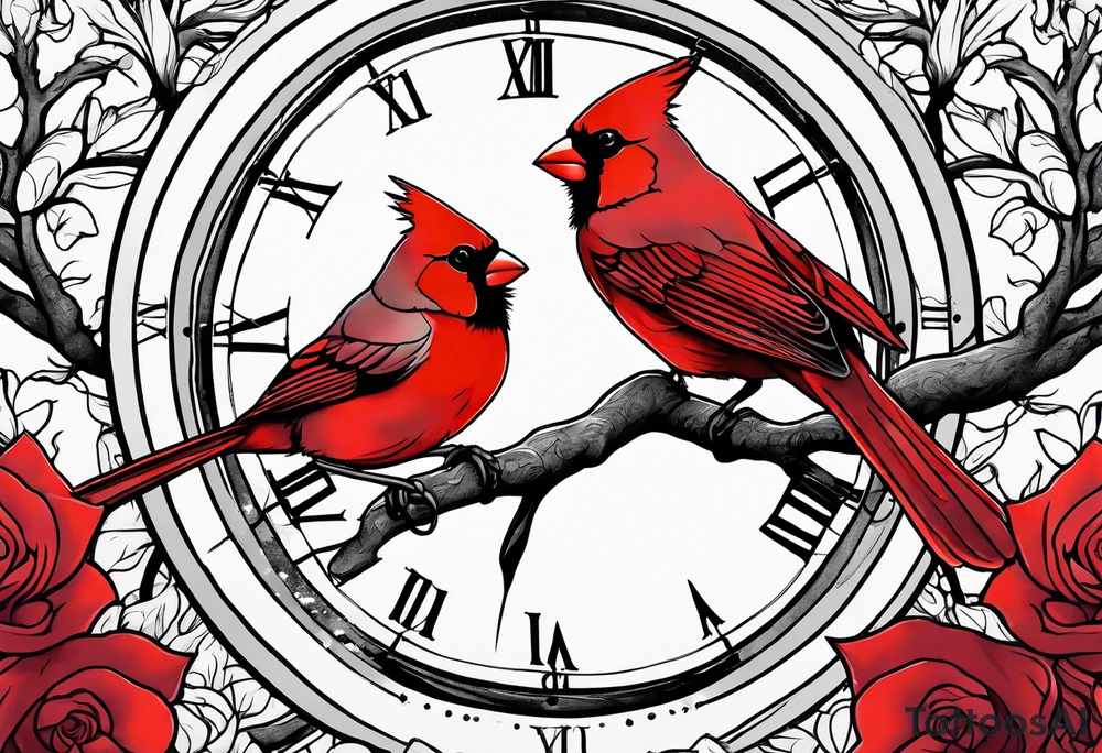 Trees, flowers, clock, red cardinal, representing growth from grief tattoo idea