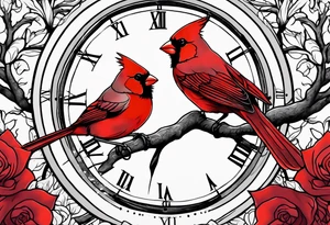 Trees, flowers, clock, red cardinal, representing growth from grief tattoo idea