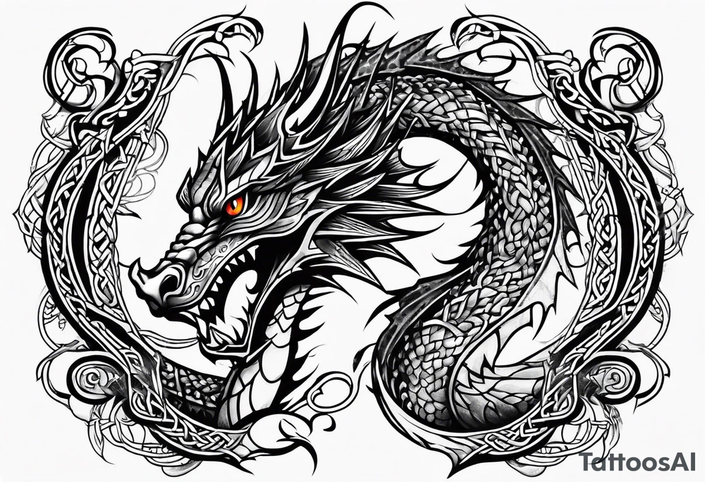 Celtic dragon tattoo with head on chest and tail that wraps over trapezius onto back tattoo idea