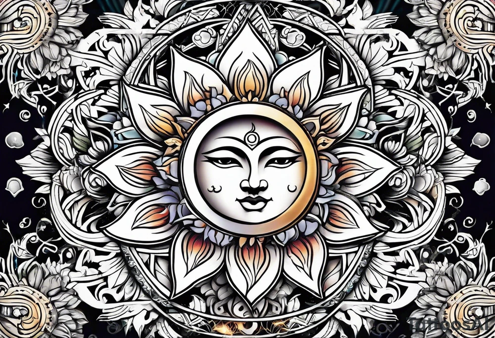 sun moon floral tattoo idea