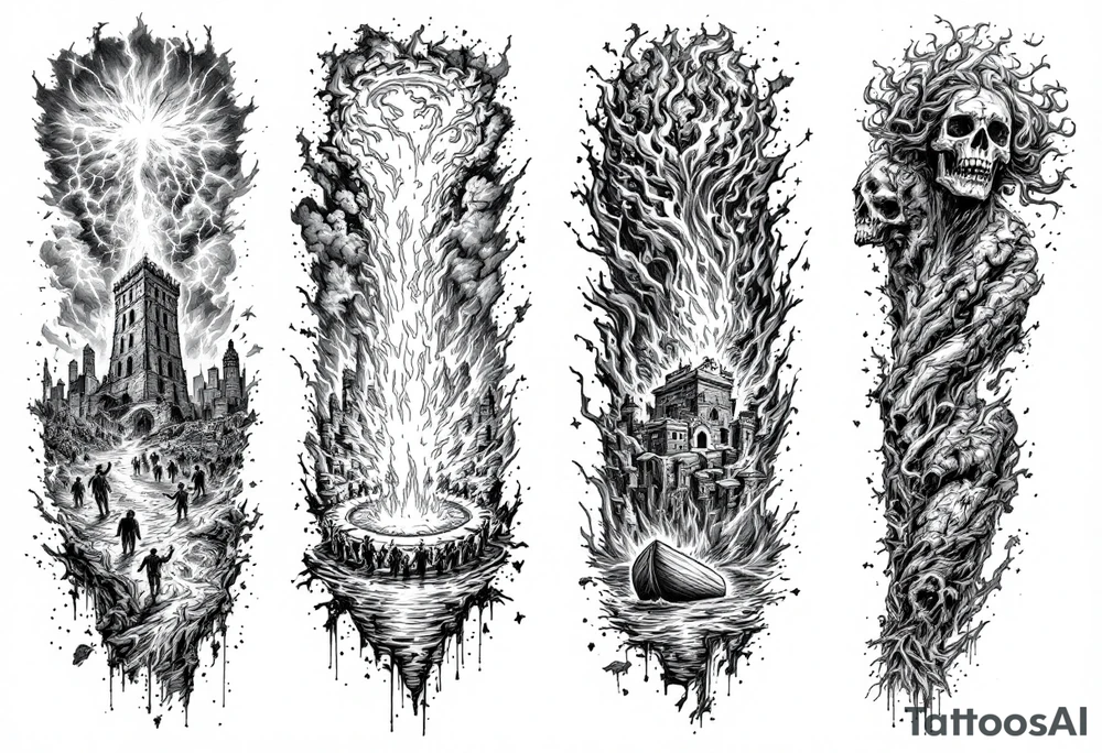 in order.
1. A crumbling tower struck by lightning, with people scattering in chaos.
2. Fire raining down from heaven on a burning city, with smoke rising.
3. A blazing altar with fire falling from heaven
 4. Floodwaters overtaking the earth, with an ark in the distance. tattoo idea