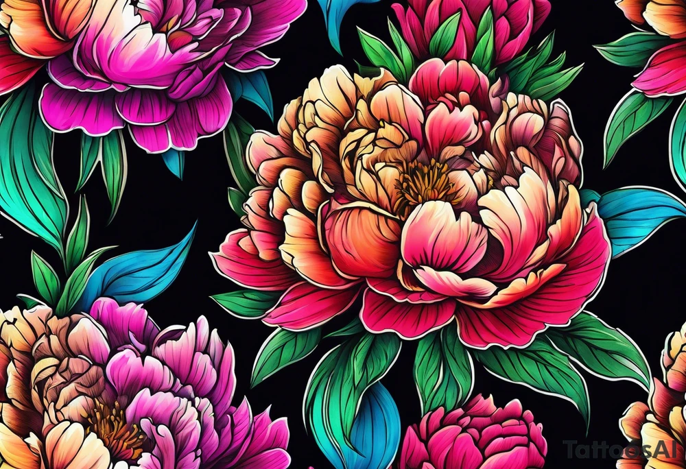 neon colorful peonies bouquet, neon colored tattoo idea