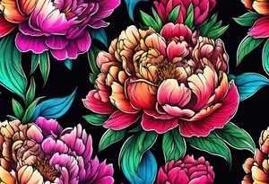 neon colorful peonies bouquet, neon colored tattoo idea