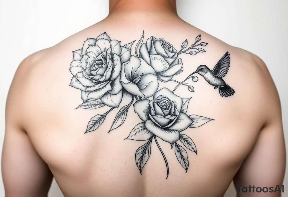 Bouquet of flowers with a carnation, rose, Lily of the valley, delphinium with stems Starting upper middle back to right shoulder With humming bird feeding on rose tattoo idea