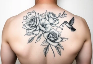 Bouquet of flowers with a carnation, rose, Lily of the valley, delphinium with stems Starting upper middle back to right shoulder With humming bird feeding on rose tattoo idea