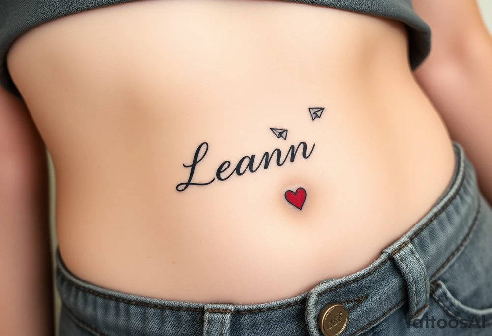 The name Leann going down ribs with heart and paper planes tattoo idea