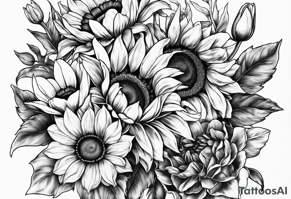 Sunflowers, tulips and forsythia tattoo idea
