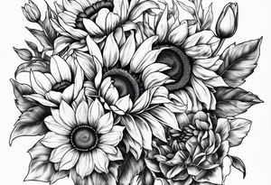 Sunflowers, tulips and forsythia tattoo idea