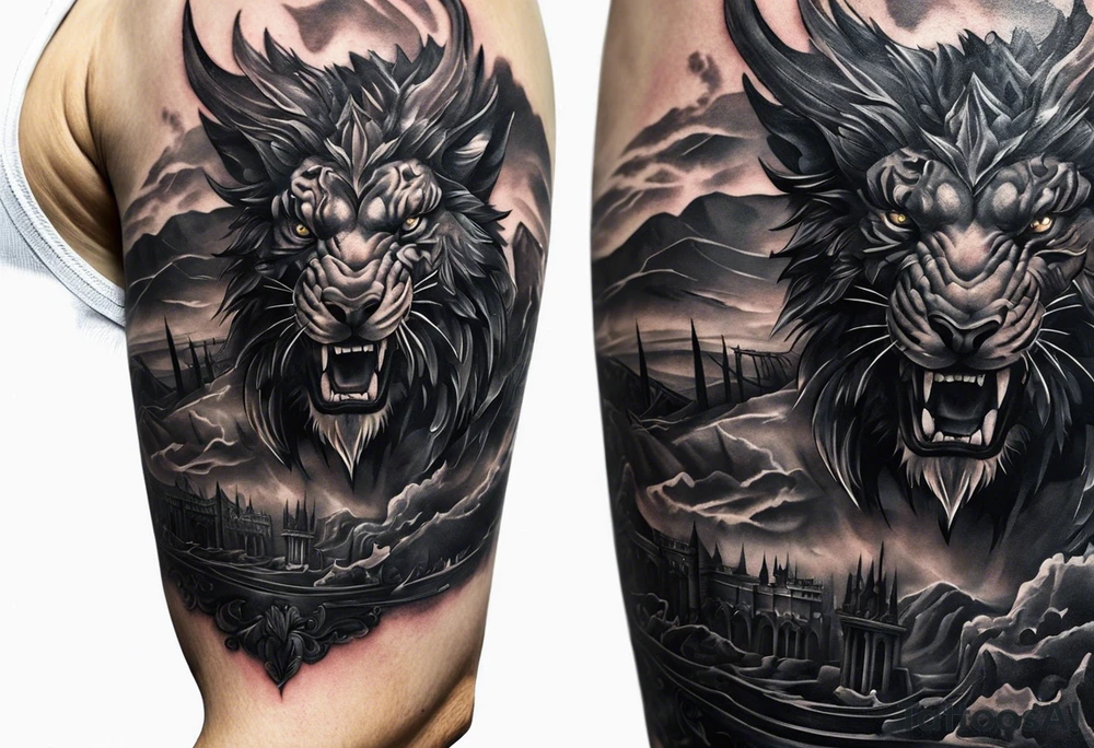 Certainly! Here's the updated description for a bicep and upper arm tattoo:

---

**Tattoo Description:**

**Design:** Black and gray detailed illustration.
**Location:** Bicep and upper arm.
**Concept:** Scene from Dante's Inferno, inspired by Gustave Doré's illustrations.

**Details:**

1. **Main Elements:**
   - A dark forest with towering trees and rocky terrain.
   - Two small figures standing at the entrance of a dark cave, symbolizing the descent into hell.
   
2. **Style:**
   - Detailed line work capturing the intricate details of the forest and rocky environment.
   - Black and gray shading to create depth and contrast, emphasizing the eerie and foreboding atmosphere.

**Overall Feel:**
   - A haunting and dramatic scene that evokes the mysterious and ominous journey through Dante's Inferno.

---

This version is tailored for the bicep and upper arm, providing a clear and concise vision for your tattoo artist. tattoo idea